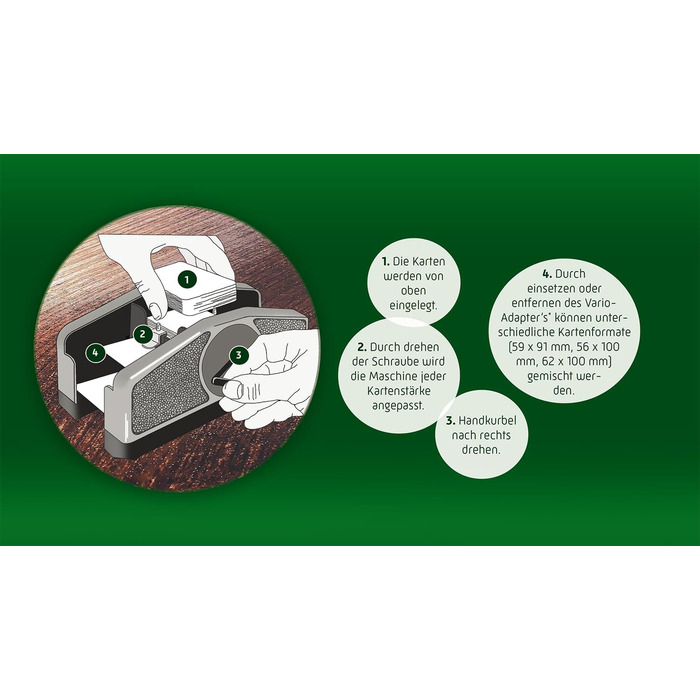 Механічний змішувач карт ASS Altenburger 22574033 Vario з ручним приводом, для різних форматів карт, в картонній коробці, зелений, розміри 24,3 x 15,7 x 10,6 см