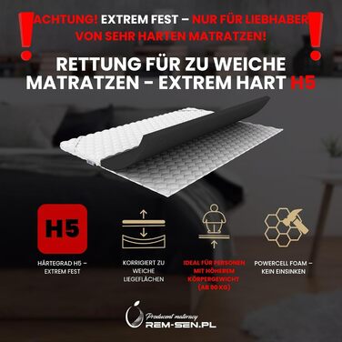 Наматрацник REM-Sen, 90x200 см, висота 6 см, рівень жорсткості 5 (H5). Виготовлений з дуже міцного пінополіуретану з тришаровим мембранним покриттям. Підходить для диванів або будь-якої іншої зони відпочинку. Сертифіковано Oeko-Tex. H5 90 x 200 см