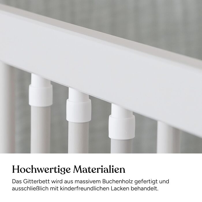 Дитяче ліжко Ehrenkind PUR з матрацом 140x70 з бука Світло-сірий колір Дитяче ліжко з 9-ступінчастим регулюванням висоти зі знімними поручнями Дитяче ліжко 140x70 см Pur матрац світло-сірий колір