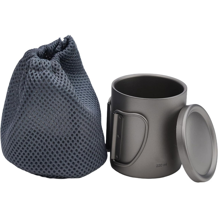 Двостінна кружка для води, 450 мл, для кемпінгу, походів, активного відпочинку ізольована кавова кружка з кришкою, легка та міцна, включаючи футляр для перенесення (220 мл без ручок)
