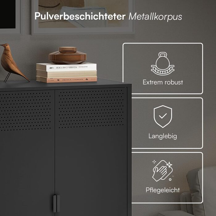 Металевий комод Skølm Izar Шафа для вітальні чорного кольору Металева шафа з 3 відділеннями та подвійними дверима Сервант для вітальні Багатофункціональна шафа шириною 80 см Висока комод в індустріальному стилі чорного кольору 125 см