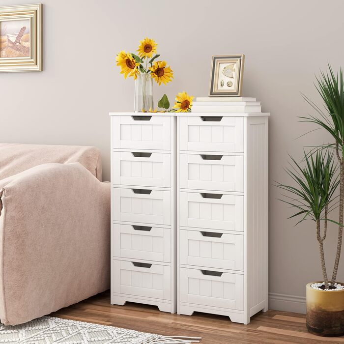 Вузька шафка для ванної кімнати заввишки 102 см, бічна шафка завширшки 40 см з 5 шухлядами, для ванної кімнати, коридору, вітальні, їдальні, 40x30x102 см (ШxГxВ), білий