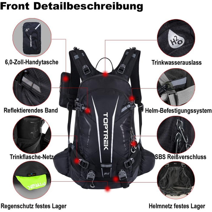 Велосипедний рюкзак Toptrek 20L Ultralight, чорний, водонепроникний, з дощовиком та чохлом для шолома, для MTB