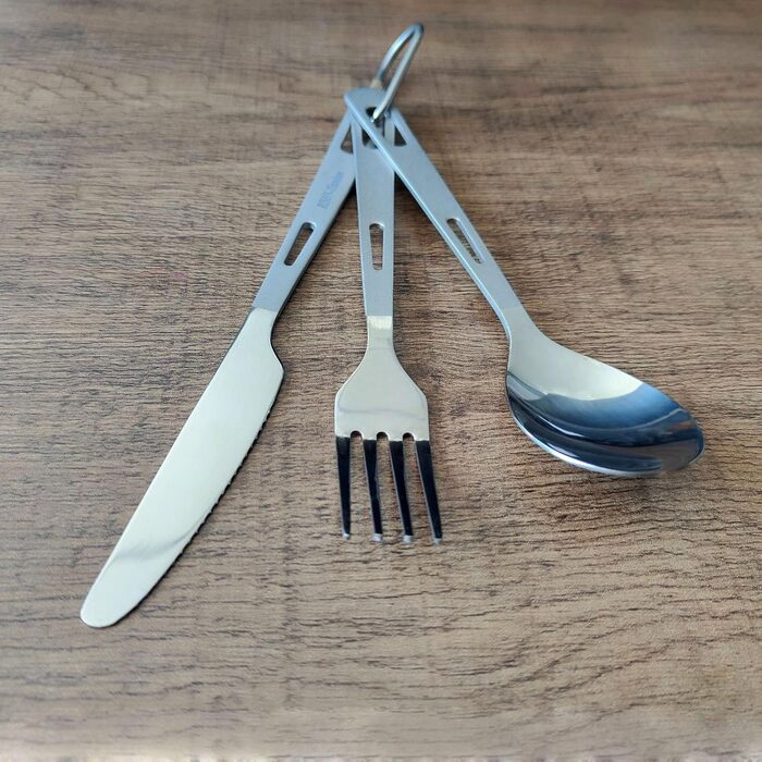 Набір столових приборів RISON-Titanium Titanium для кемпінгу, комбіновані столові прибори з 4 титанових виделок-ложок-ніжів для подорожей з карабіном та сумкою для зберігання, посуд для приготування їжі на свіжому повітрі, рюкзак для походів, щоденний пос