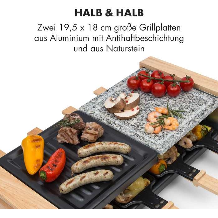 Раклетний гриль, 1200 Вт, пластина гриль 39 х 18 см, безступінчастий термостат, 8 персон, раклетні сковороди зі сталі, гриль і гриль