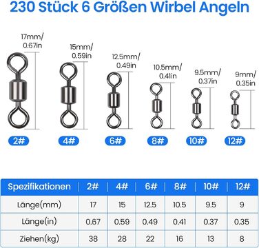 Рибальські вертлюги Sinofort 230 шт. Рибальські вертлюги із застібкою 6 розмірів Застібки Набір вертлюгів для риболовлі Набір вертлюжних бочок із вертлюгом для вертлюгів у морській воді Аксесуари для риболовлі Повороти 2 4 6 8 10 12