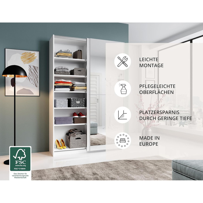 Елегантна шафа/гардеробна з дзеркальними дверима та великою кількістю місця для зберігання - Універсальна шафа з розсувними дверима білого кольору - 125 x 195 x 38 см (Ш/В/Г) Біла з дзеркалом, одинарна