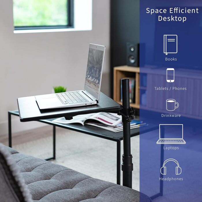 Поворотний стіл над диваном, стіл для ноутбука для віддаленої роботи, портативний крісло-реклайнер з регульованою висотою поворотного кронштейна, чорний, 51 см, 01C