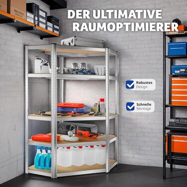 Стелаж для майстерні tectake, міцний кутовий стелаж з 5 полицями, металевий стелаж для зберігання, стелаж для підвалу, аксесуари для гаража, органайзер для складського приміщення, стелаж без болтів, для зберігання, вантажний стелаж - 875 кг, 180 x 89,5 x 