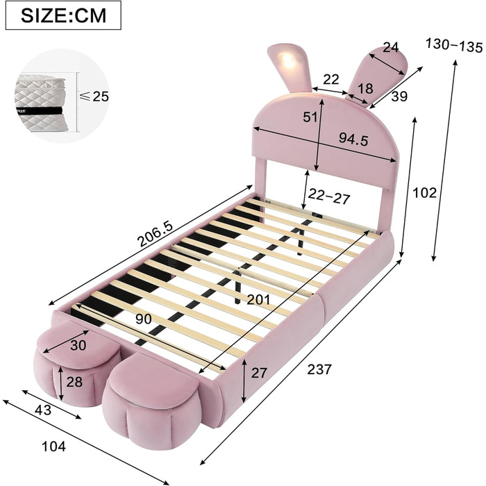 М&39яке ліжко 90x200 см, дитяче ліжко з 2 табуретами для зберігання речей та світлодіодним приліжковим освітленням, розкладні вушка зайчика, каркас ліжка зі світлодіодним освітленням для дівчаток, дитяче ліжко з рейковою основою, оксамит, рожевий, без мат