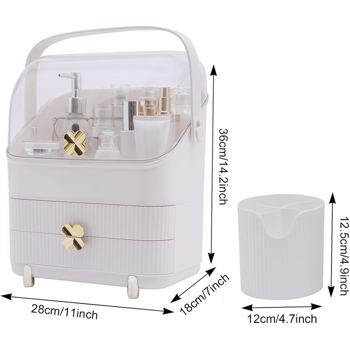 Коробка для зберігання косметики, портативний органайзер для макіяжу, коробка для зберігання макіяжу з пилонепроникною кришкою, з 2 ящиками та ручкою для перенесення, органайзер для догляду за шкірою, система зберігання макіяжу (білий)