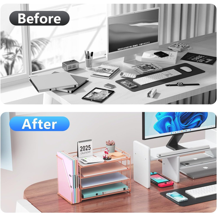 Настільний органайзер з тримачами для файлів, 4-рівневий офісний органайзер з лотком для паперу, сітчастий лоток для документів з тримачем для журналів, настільне сховище для канцелярського приладдя (рожеве золото)