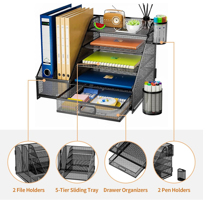 Настільний органайзер Marbrasse, 5 ярусів, лоток для листів для паперу з ящиком, 2 тримачі для ручок, сітчастий настільний органайзер, аксесуари, зберігання приладдя для домашнього офісу (одностороння підставка для книг) Одностороння підставка для книг