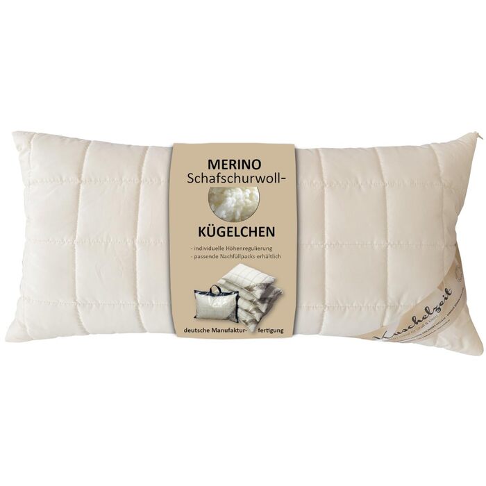 Подушка з мериносової овечої вовни розміром 40x80 см з наповнювачем з 500 грамів натуральної вовняної грудки для індивідуального регулювання висоти та стьобаним бавовняним чохлом - Зроблено в Німеччині