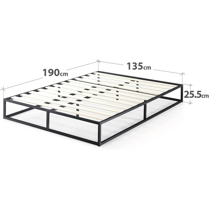 Ліжко Zinus Joseph 135 x 190 см - Висота 25 см з місцем для зберігання під ліжком - Каркас ліжка-платформи з металу з дерев&39яними тримачами для ламелей - Чорний 135x190 см Срібний