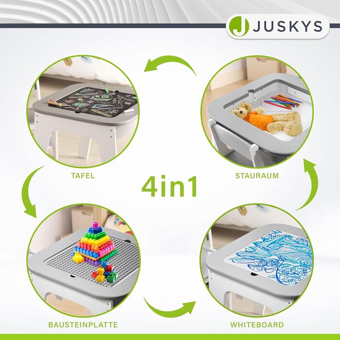 Дитячий комплект сидіння Juskys Milou - Комплект з 2 стільцями та 1 столом - Дерев&39яний дитячий стіл - Ігровий стіл з місцем для зберігання - Комплект сидіння для дітей, Художній стіл - Сірий