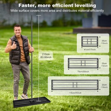 Гребінь-рівняльник для газону 75x25 см з регульованою ручкою (213 см) та антиковзким покриттям, міцний інструмент для вирівнювання газону. Ідеально підходить для саду та подвір'я, чорний колір.