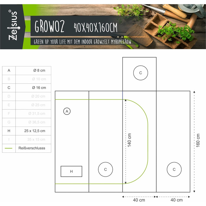 Тент для вирощування Zelsius MyHomeGrow Кімната для вирощування в приміщенні Гроубокс (40 x 40 x 160 см, Сірий) Сірий 40 x 40 x 160 см