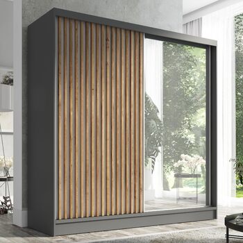 Шафа-купе A&J MbelLand LINA з розсувними дверима, 200 см, з дзеркалом, 3 шухлядами та 3D-ламелями (графіт)