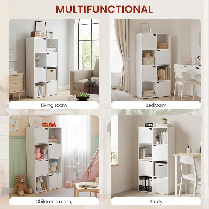 Книжкова полиця для кабінету, спальні та вітальні, книжкова шафа з 4 дверцятами та 8 відділеннями, полиця для зберігання, окремостояча полиця, офісна полиця, полиця для файлів, полиця для папок, 60 x 30 x 120 см