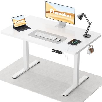 Стіл Flamaker з регульованою висотою, повна стільниця 110 x 53 см, електричний стіл, регульована висота для роботи сидячи та стоячи, комп&39ютерний стіл з функцією пам&39яті, стіл для роботи стоячи, білий, 110 x 53 см