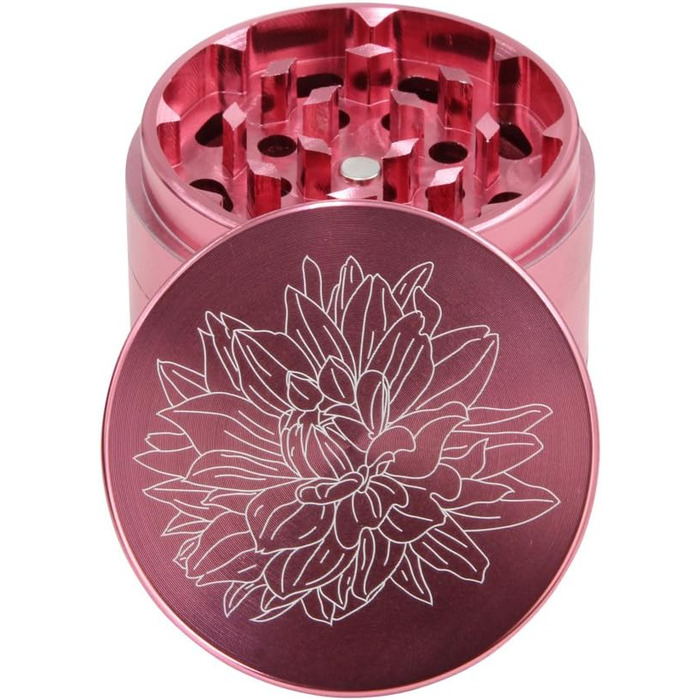 Преміум подрібнювач Cruncher Стійкий до ударів алюмінієвий подрібнювач Дробарка для спецій Подрібнювач спецій з квітами на кришці Магнітна Ø55 мм Металева кавомолка 4 шт. и рожева