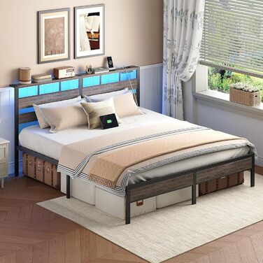 Ліжко HOOBRO 180 x 200 з рейковою основою, двоспальне ліжко з узголів&39ям, світлодіодне освітлення, зарядна станція (2AC, 2USB-A), каркас ліжка 180 x 200 см, металеве ліжко для спальні/гостьової кімнати, антрацит EBC80CDBF01 180 x 200 x 103 см