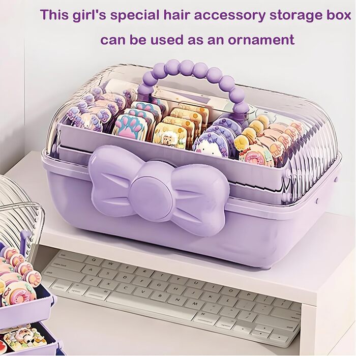 Організатор для гумок для волосся з ручкою, органайзер для дитячих шпильок для волосся, органайзер для дівчаток, 3-ярусна скринька для зберігання дитячих аксесуарів для волосся, для швейного приладдя, аксесуарів для волосся (фіолетовий)