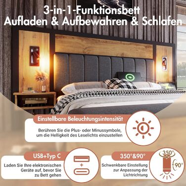 Двоспальне ліжко з м&39якою оббивкою, каркас ліжка з лампою для читання та USB-портом, тумбочка та лавка з місцем для зберігання речей, каркас ліжка з рейковою основою з металу, дерева та льону, дуб (без матраца) (180200 см)