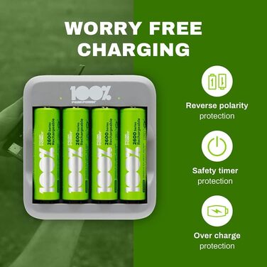 Зарядний пристрій PeakPower для акумуляторів типу AA AAA USB-зарядний пристрій, захист від перезаряджання, таймер безпеки Компактний зарядний пристрій на 4 слоти з 4 батареями типу AA 2300 мАг 4 батареями типу AA