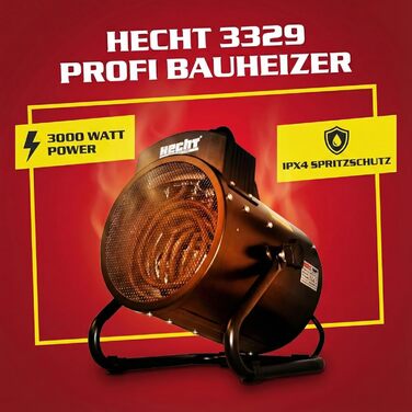 Електричний обігрівач HECHT Портативний обігрівач 3000 Вт 3 рівні потужності Термостат Енергоефективний Підходить для будівельних майданчиків, гаражів, майстерень, кемпінгу, віталень, Чорний