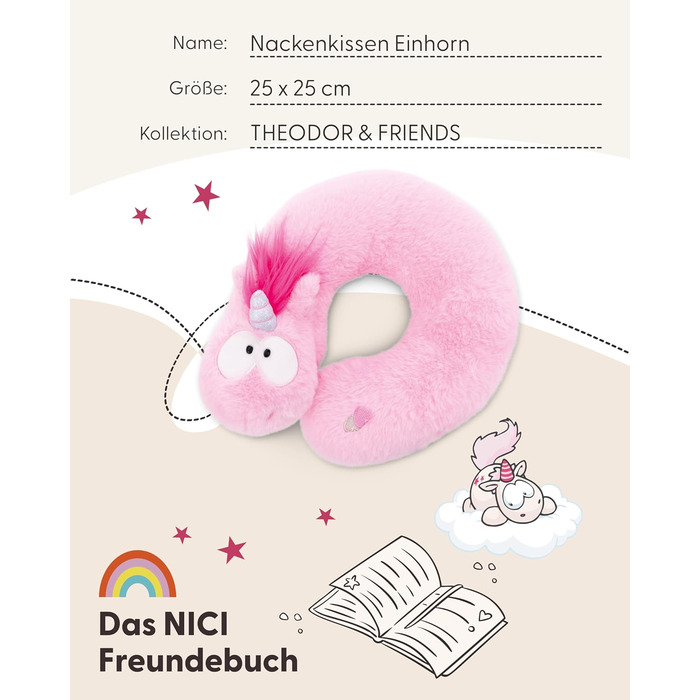 Дитяча подушка для шиї NICI Єдиноріг рожевий 25x25 см - Подушка для шиї - Пухнаста дитяча подушка для дівчаток та хлопчиків - Ідеально підходить як подушка для подорожей - 49656
