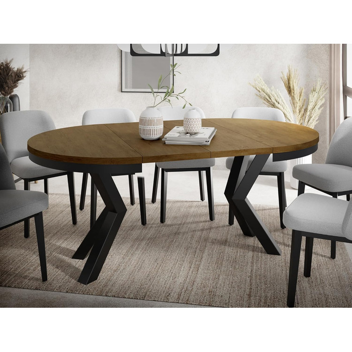 Круглий розкладний обідній стіл у стилі лофт - Індустріальний стіл з чорними металевими ніжками - Компактний стіл для вітальні - Дуб Лефкас - 100-180 см Дуб Лефкас 100 / 180 см