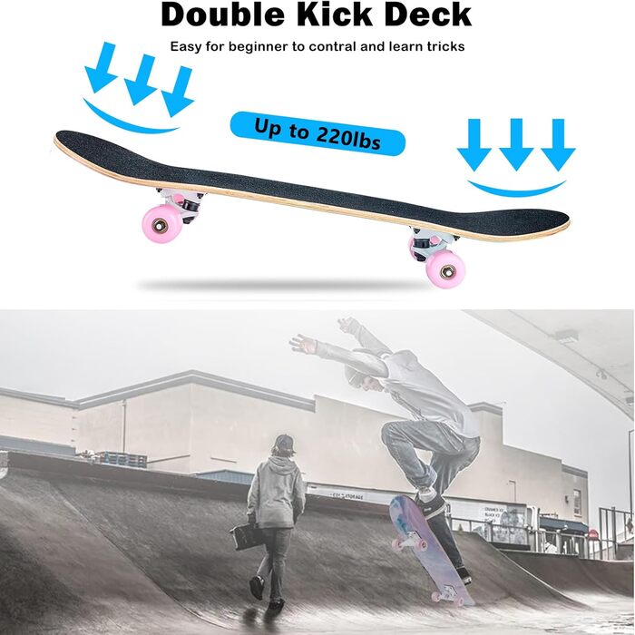 Скейтборд CLCYTIP 31 x 8 дюймів - повний круїзерний скейтборд для початківців, 8-шарова кленова дека, ABEC-11 кулькові підшипники, увігнута дека з подвійним кіком, для підлітків та дорослих, рожевий JG дизайн