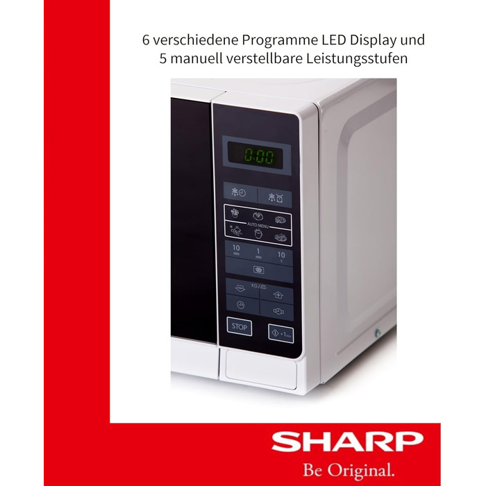 Мікрохвильова піч Sharp R242WW Solo / 20 л / 800 Вт / 5 рівнів потужності / 8 автоматичних програм / Розморожування з регулюванням ваги та часу / Блокування від дітей / Режим енергозбереження / Скляний поворотний стіл (25,5 см) / Білий N.A.
