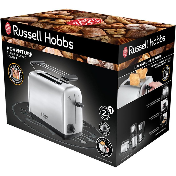 Тостер Russell Hobbs на 2 скибочки Adventure з нержавіючої сталі (надширокі слоти для тостів, в т.ч. підставка для булочок, 6 рівн