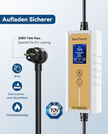 Зарядний кабель RamTouch для електромобілів типу 2 Schuko (3,7 кВт, 6,5 м), мобільна настінна коробка Schuko з регульованою та зап