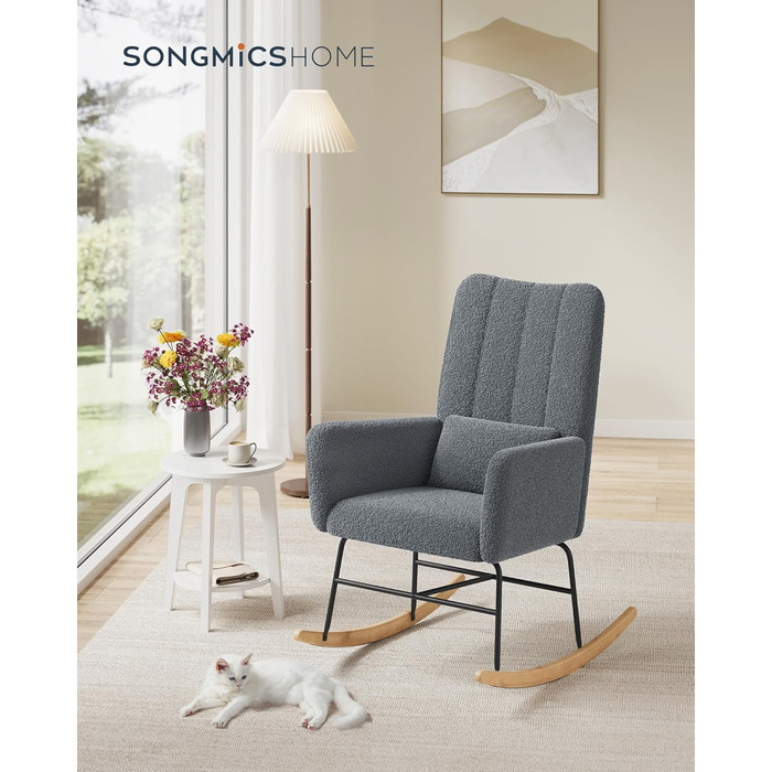 Крісло-гойдалка SONGMICS HOME з підлокітниками, крісло-реклайнер, оббите флісом, сталевий каркас, ніжки з каучукового дерева, вантажопідйомність до 136 кг, для спальні, вітальні, колір Сірий сланцевий LYY500G01 без підставки для ніг, колір Сірий сланцевий