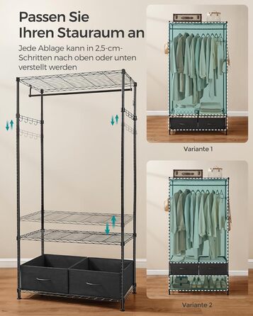 Вішалка для одягу SONGMICS, Відкрита шафа, Шафа з дротяними полицями, Вішалка для одягу з 2 шухлядами та рейкою для одягу, Окремостояча, Чорно-чорна LGR411B02