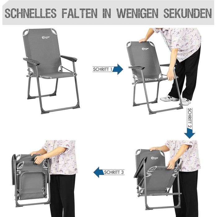 Крісло для кемпінгу Portal, складне, кемпінгове крісло, вантажопідйомність до 100 кг, легке, рибальське крісло, пляжне крісло, складне, висока спинка для використання на вулиці, в саду, на фестивалі, сіре