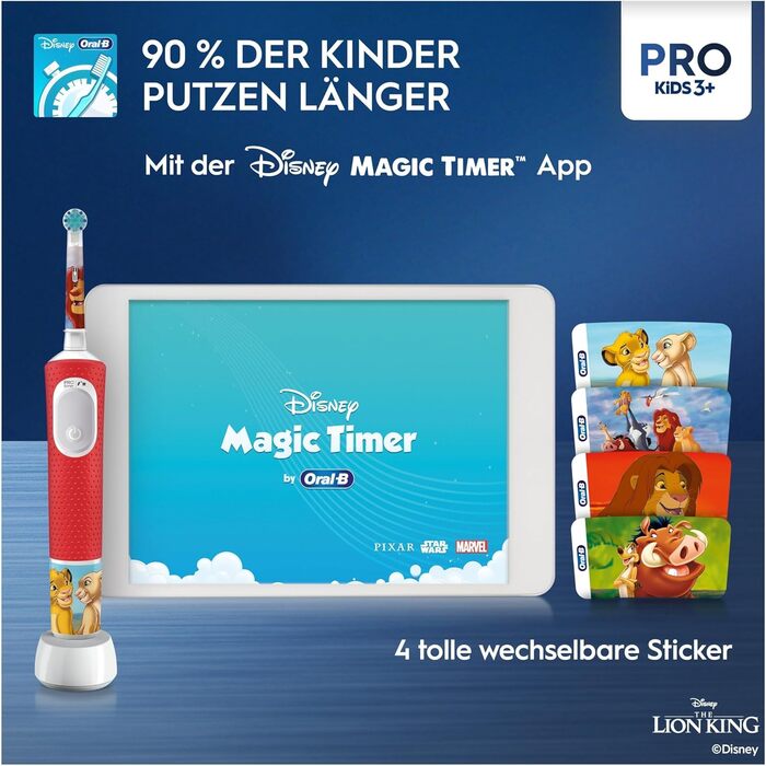 Електрична зубна щітка Oral-B Pro Kids Lion King для дітей від 3 років, включаючи режим Sensitive для догляду за зубами, надмяку щетину, 1 насадку для щітки, 4 наклейки