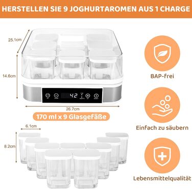 Йогуртниця, грецька йогуртниця з температурою і таймером, автоматична цифрова йогуртниця з 9 баночками, ідеально підходить для дом