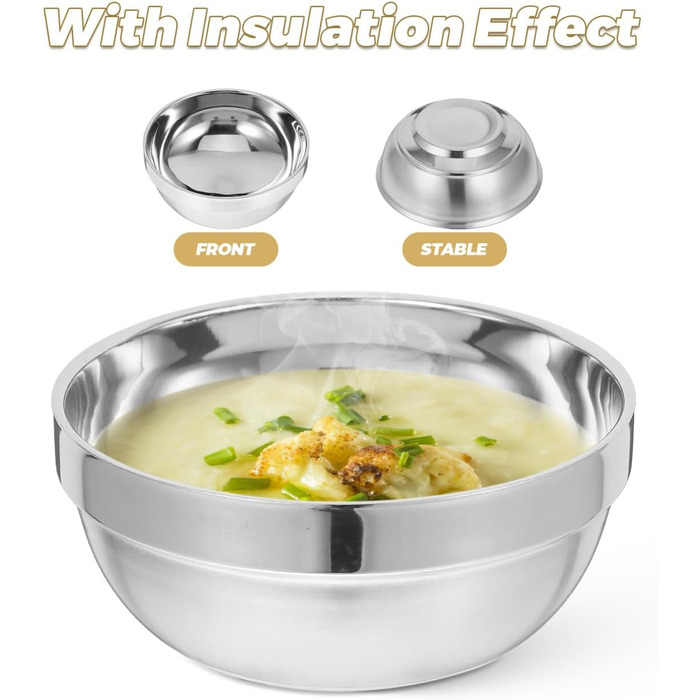 Двошарова чаша з нержавіючої сталі 5,1 дюйма ізольована проти гарячого дитяча чаша супова чаша для дому, кемпінгу, сімейного посуду для рису
