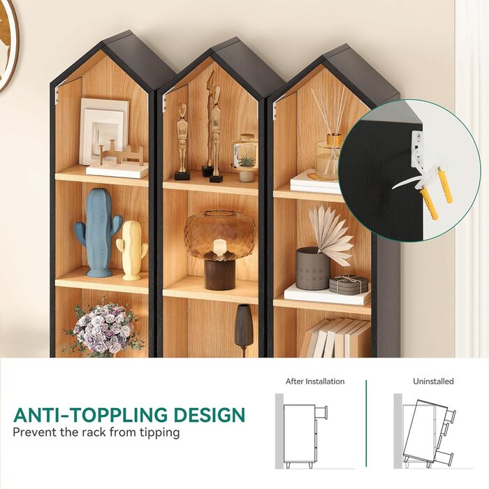 Висока вузька книжкова полиця, кутова тонка у формі будинку, 6-ярусна окремостояча книжкова полиця, компактний дизайн для зберігання речей у домі та офісі, чорний та дубовий, 30Ш 23,5Г 181В см, 2 шт. чорного кольору*2 шт. 23,5Г x 30Ш x 180В см