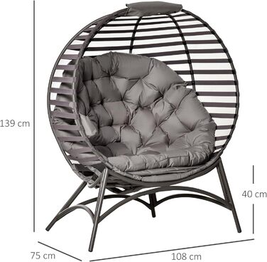 Крісло Outsunny Papasan Садове крісло з подушкою Плетене крісло Овальне крісло для відпочинку Складний кошик для балкона Патіо Indoor Пісок Коричнева сталь 118 x 75 x 139 см