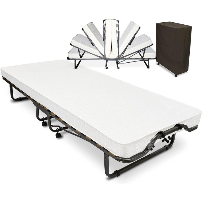 Розкладне ліжко для гостей Beautissu 90x200 см Міцне та складне дорожнє ліжко, включаючи захисний чохол та матрац з пінопласту товщиною 10,5 см Розкладне ліжко без складання Міцний сталевий каркас та 4 колеса Venetia 90x200 см Білий