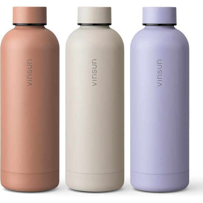 Пляшка для води Vinsun з нержавіючої сталі, бежева, 500 мл - герметична, підходить для газованих напоїв, без BPA - з подвійною стінкою, ізольована - термопляшка для спорту, активного відпочинку, школи, університету, спортзалу, кемпінгу, 500 мл бежевого ко