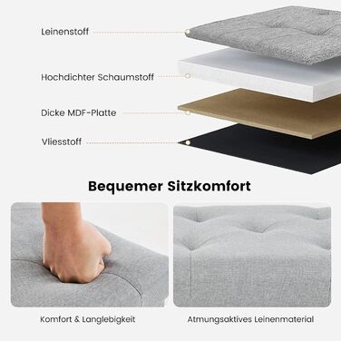 Пуф для зберігання Sweetcrispy, невелика складна лавка, 38 x 38 x 38 см, коробка для зберігання з кришкою як табурет та пуф для ніг, вантажопідйомність до 300 кг, для вітальні, спальні, коридору, світло-сірий