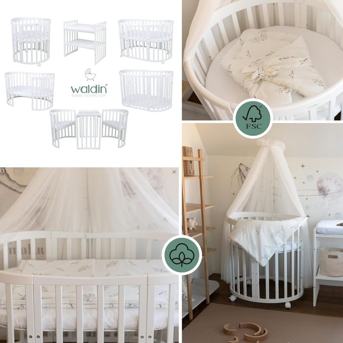 Дитяче ліжко Waldin Oval, комплект трансформованого 7-в-1, ліжечко, дитяче ліжко з матрацом, пеленальний столик, приліжкове ліжечко, дерево біле, тканина білі гілки