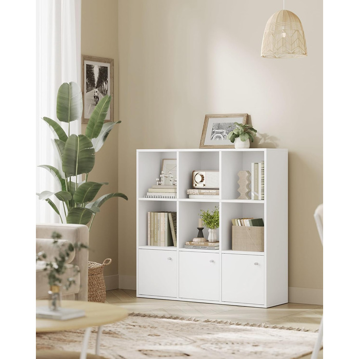 Книжкова полиця VASAGLE, 3-рівнева полиця, Відкрита полиця для зберігання, Окремостояча полиця, 29 x 97,5 x 97,5 см, 3 відділення з дверцятами, для вітальні, домашнього офісу, їдальні, Хмарно-білий LBC33WT